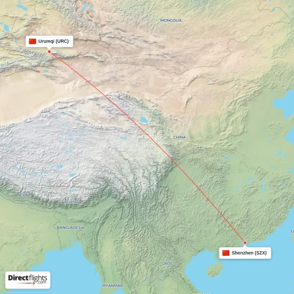 Urumqi - Shenzhen direct flight map