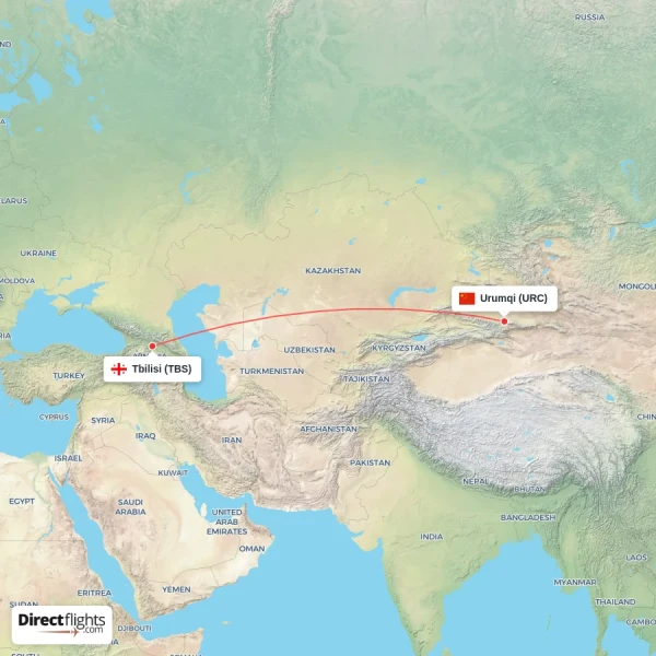 Urumqi - Tbilisi direct flight map