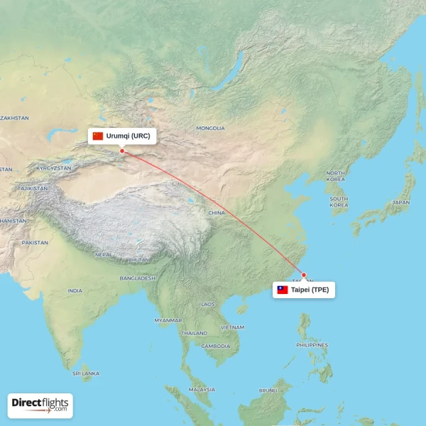 Urumqi - Taipei direct flight map
