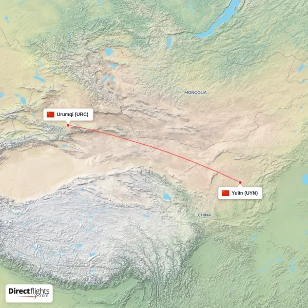 Urumqi - Yulin direct flight map