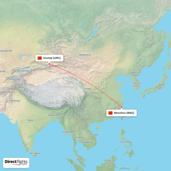 Urumqi - Wenzhou direct flight map