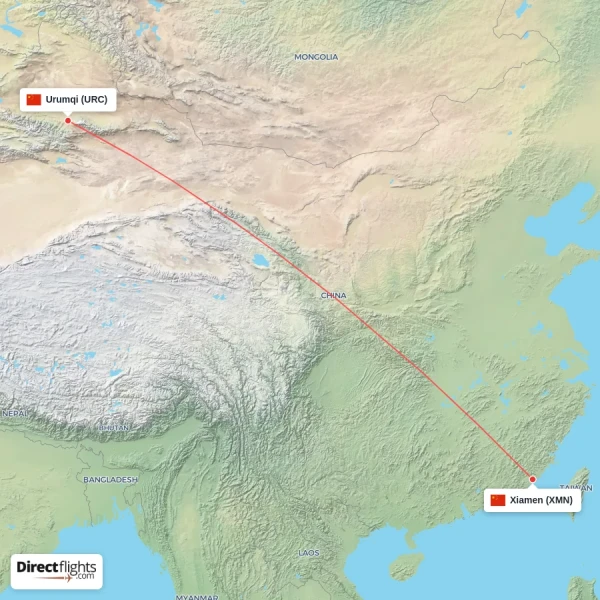 Urumqi - Xiamen direct flight map