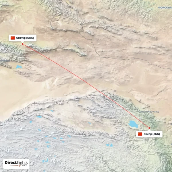 Urumqi - Xining direct flight map