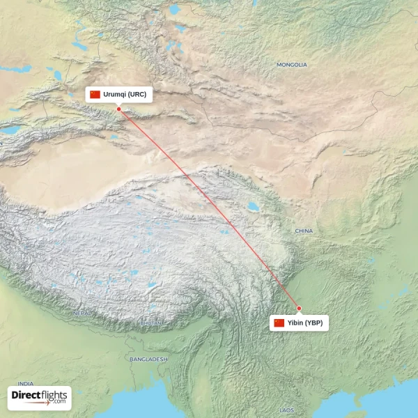 Urumqi - Yibin direct flight map