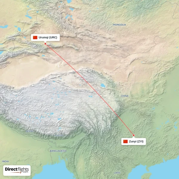 Urumqi - Zunyi direct flight map