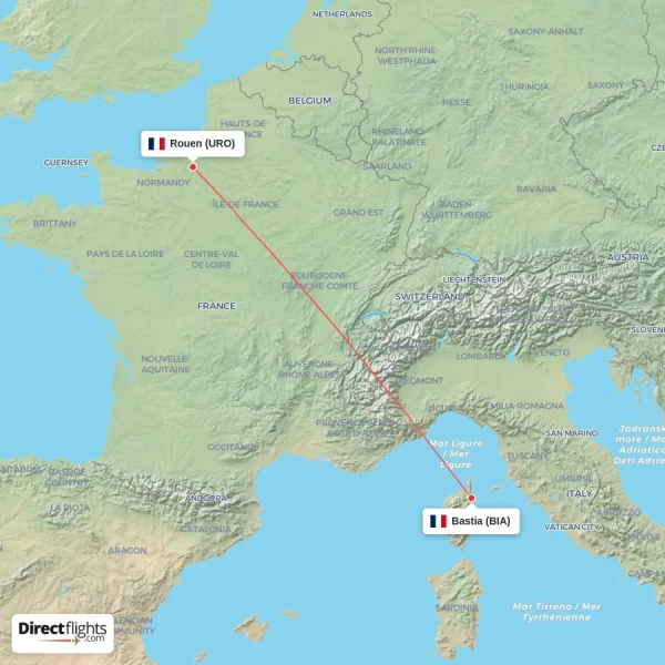 Rouen - Bastia direct flight map