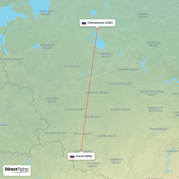 Kursk - Cherepovets direct flight map