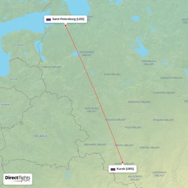 Kursk - Saint Petersburg direct flight map