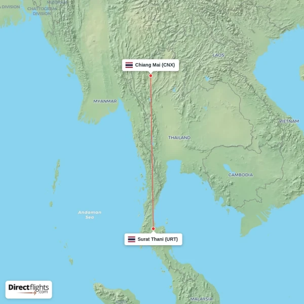 Surat Thani - Chiang Mai direct flight map