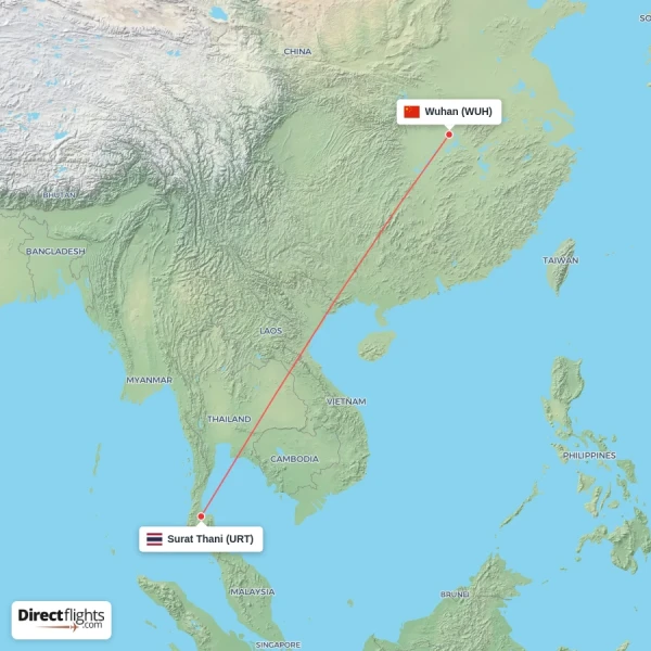 Surat Thani - Wuhan direct flight map