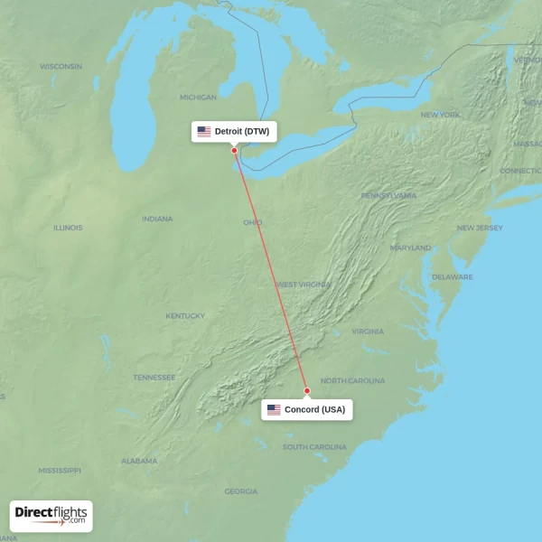 Concord - Detroit direct flight map