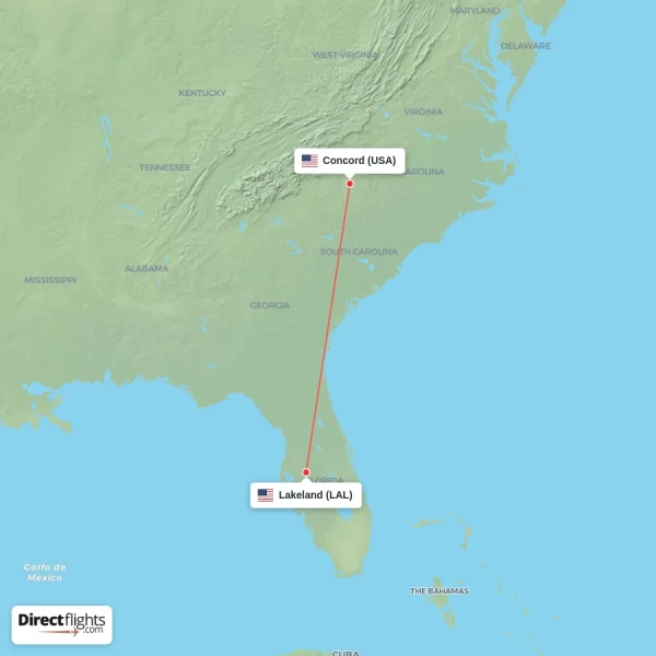 Concord - Lakeland direct flight map
