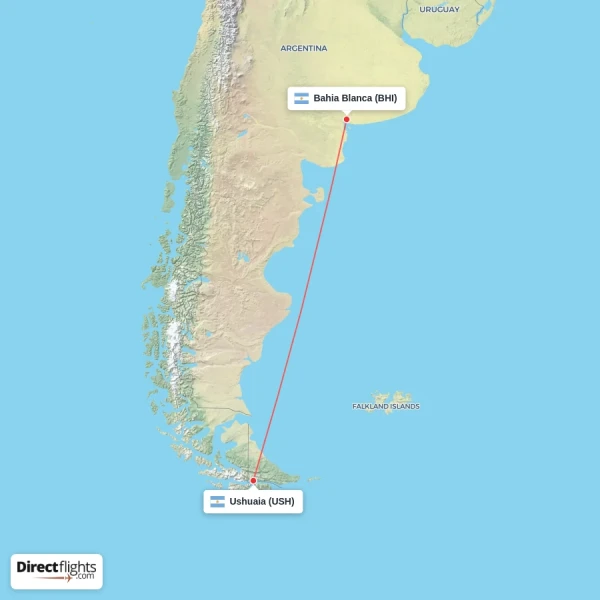 Ushuaia - Bahia Blanca direct flight map