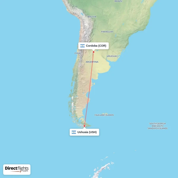 Ushuaia - Cordoba direct flight map