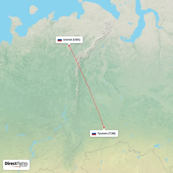 Usinsk - Tyumen direct flight map