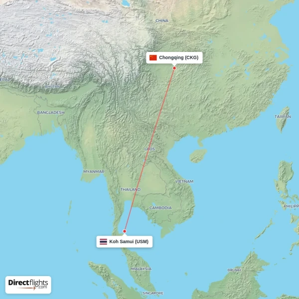 Koh Samui - Chongqing direct flight map