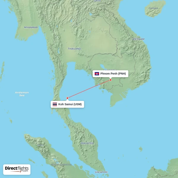 Koh Samui - Phnom Penh direct flight map