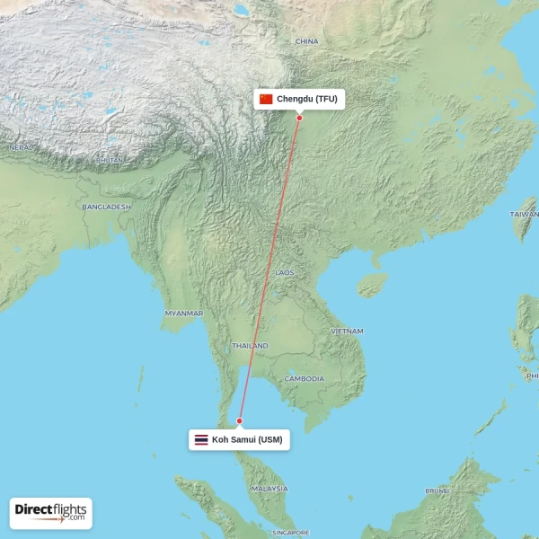 Koh Samui - Chengdu direct flight map