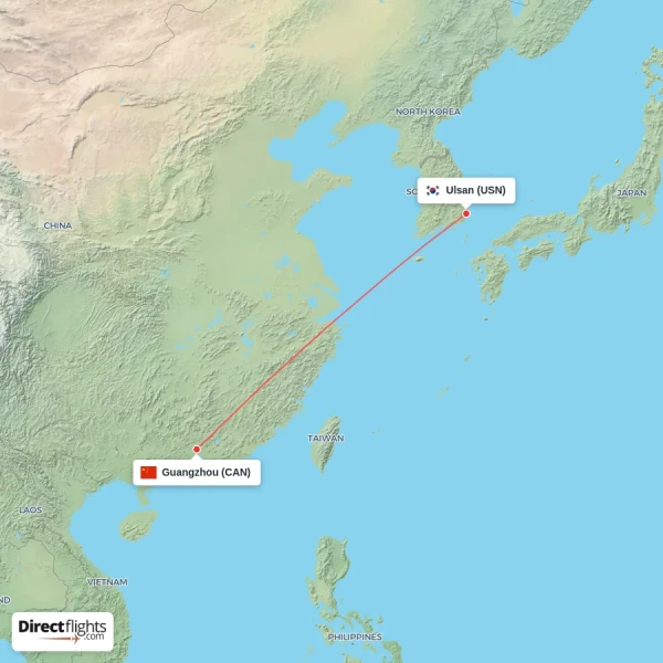 Ulsan - Guangzhou direct flight map