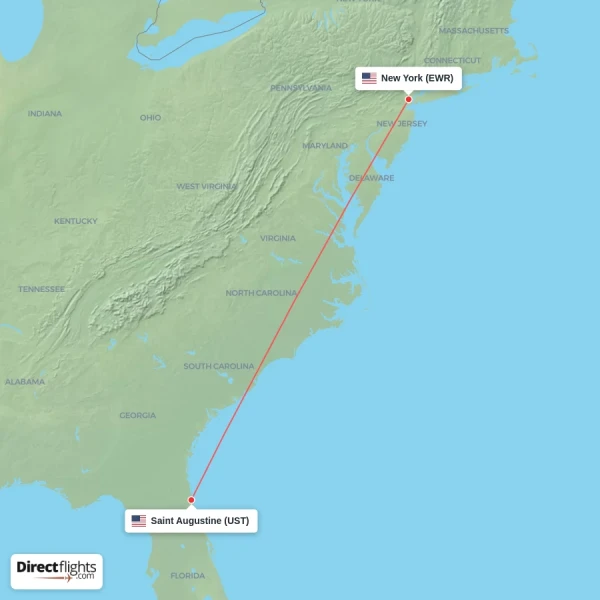 Saint Augustine - New York direct flight map