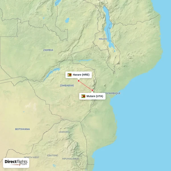 Mutare - Harare direct flight map