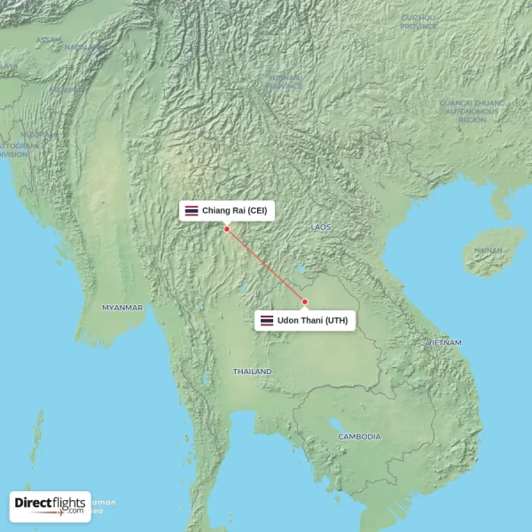 Udon Thani - Chiang Rai direct flight map