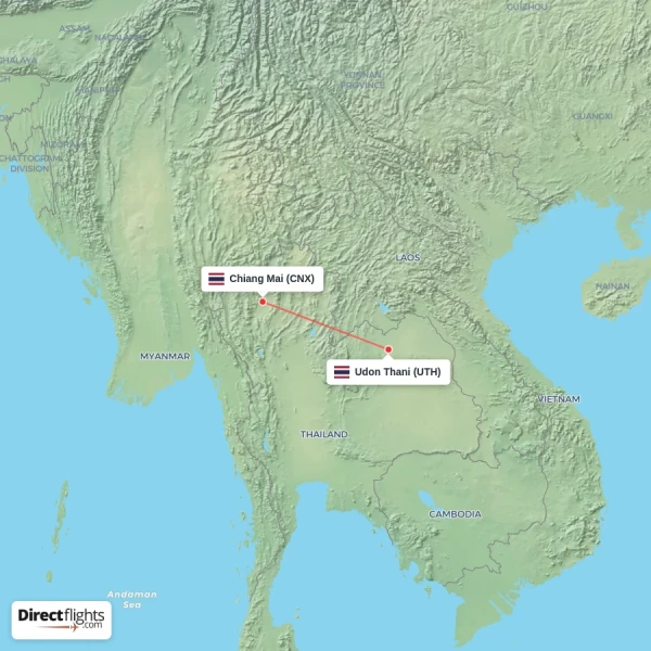 Udon Thani - Chiang Mai direct flight map