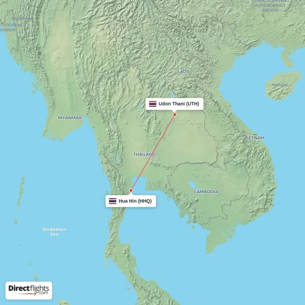 Udon Thani - Hua Hin direct flight map
