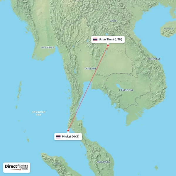 Udon Thani - Phuket direct flight map