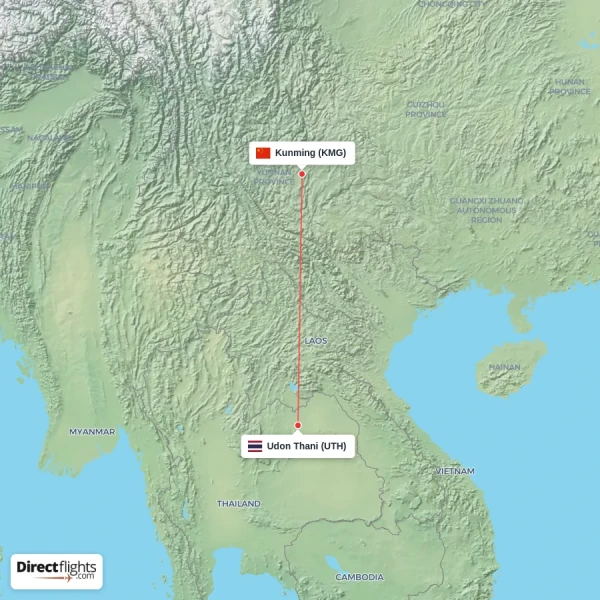 Udon Thani - Kunming direct flight map