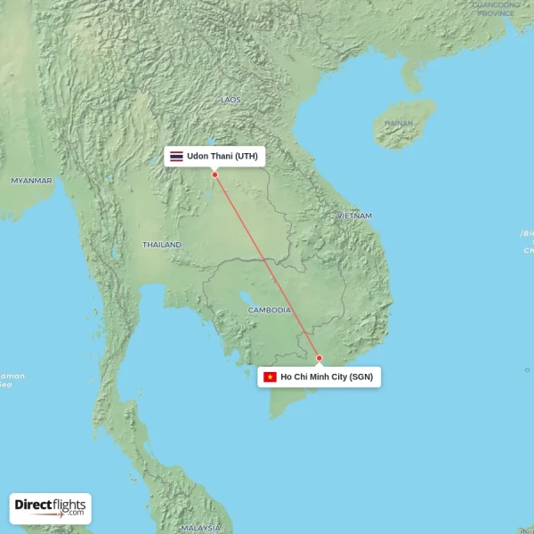 Udon Thani - Ho Chi Minh City direct flight map