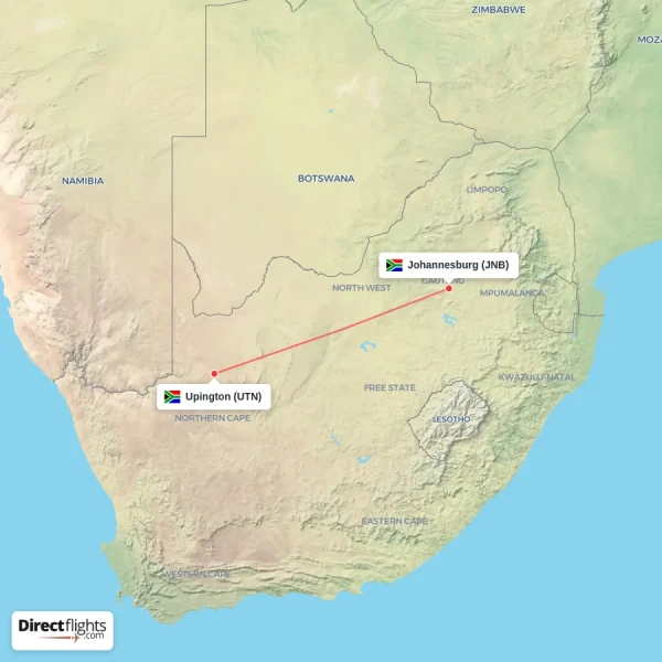 Upington - Johannesburg direct flight map