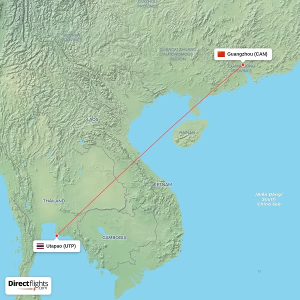 Utapao - Guangzhou direct flight map