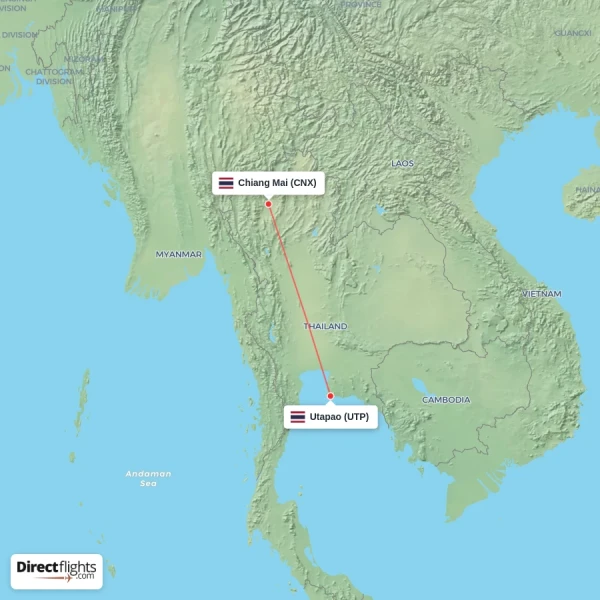 Utapao - Chiang Mai direct flight map
