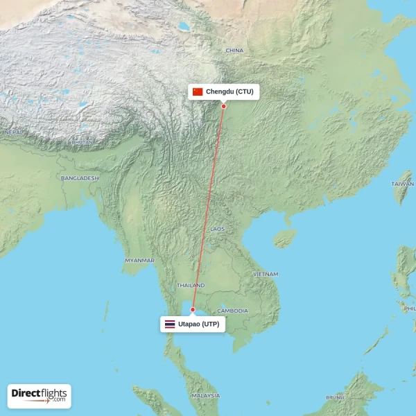 Utapao - Chengdu direct flight map