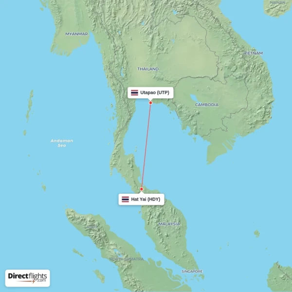 Utapao - Hat Yai direct flight map
