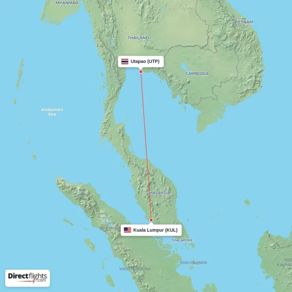 Utapao - Kuala Lumpur direct flight map