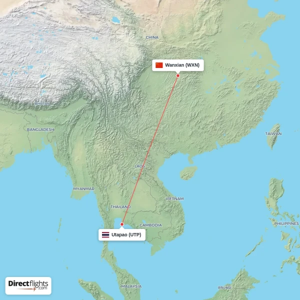 Utapao - Wanxian direct flight map