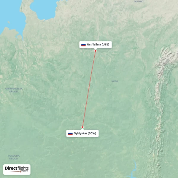 Ust-Tsilma - Syktyvkar direct flight map