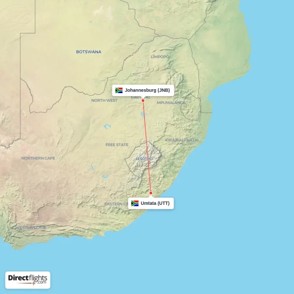 Umtata - Johannesburg direct flight map