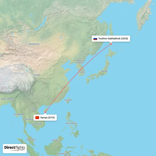 Yuzhno-Sakhalinsk - Sanya direct flight map