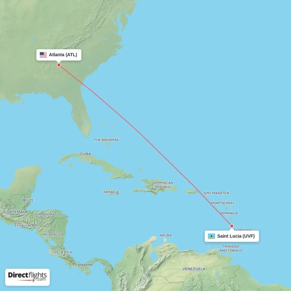 Saint Lucia - Atlanta direct flight map