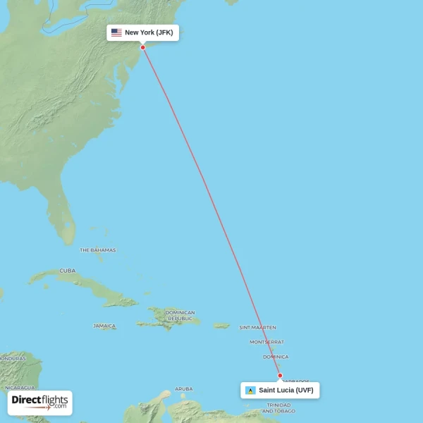 Saint Lucia - New York direct flight map