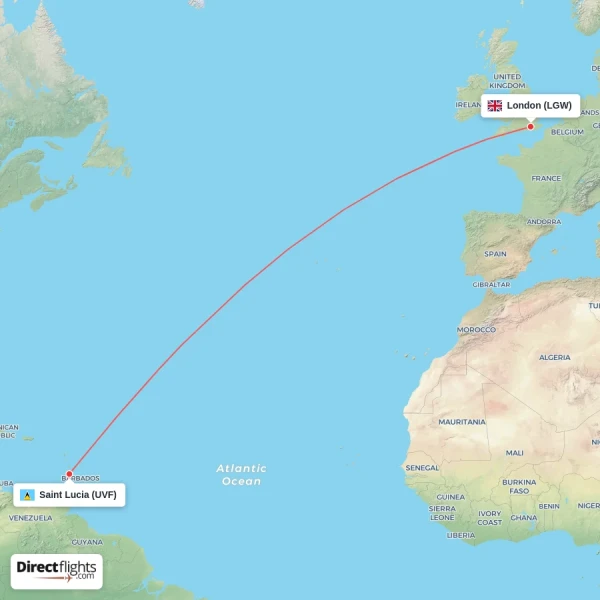 Saint Lucia - London direct flight map