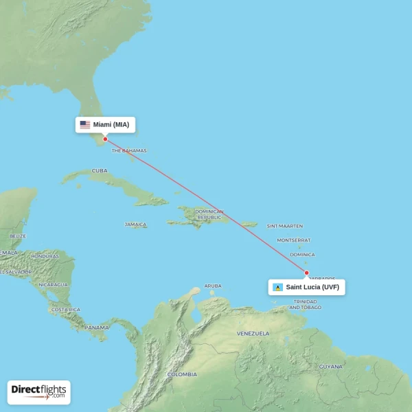 Saint Lucia - Miami direct flight map
