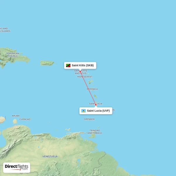 Saint Lucia - Saint Kitts direct flight map
