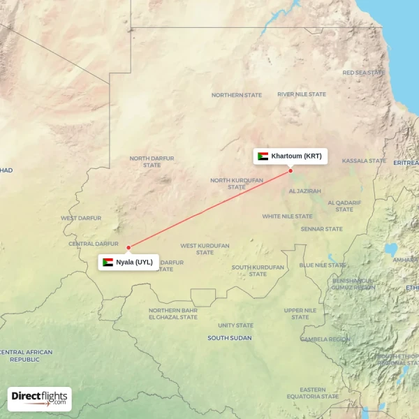 Nyala - Khartoum direct flight map
