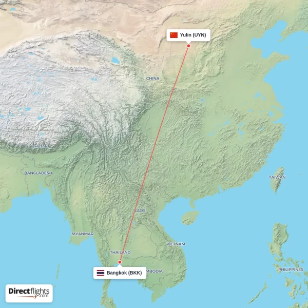 Yulin - Bangkok direct flight map
