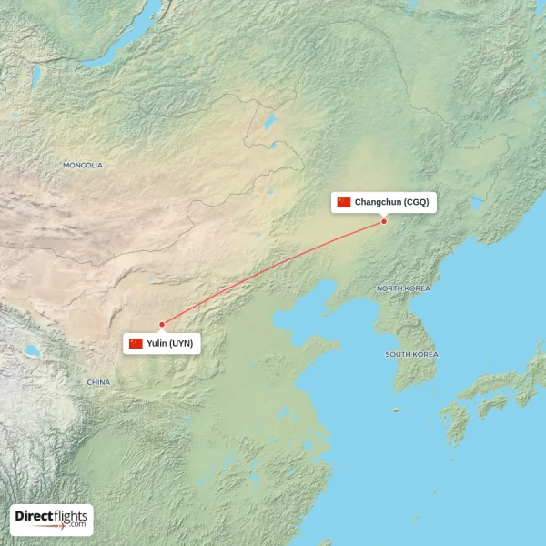 Yulin - Changchun direct flight map