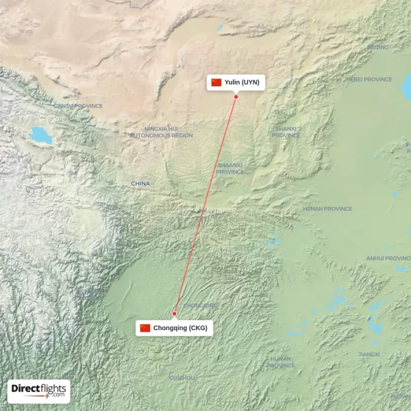 Yulin - Chongqing direct flight map